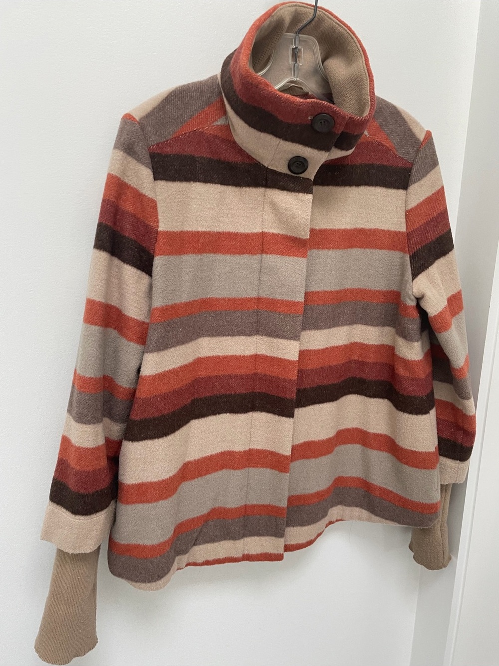 Prana Striped Cowl-Neck Jacket in Rust, Beige & Brown